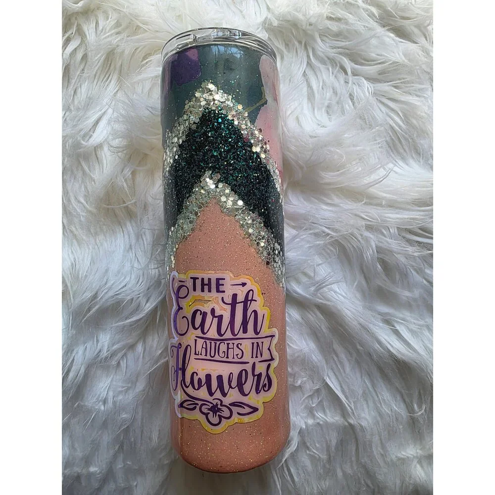 🌺 The Earth Laughs in Flowers – 30 oz Skinny Duo Epoxy Glitter Tumbler - Picture 1 of 4
